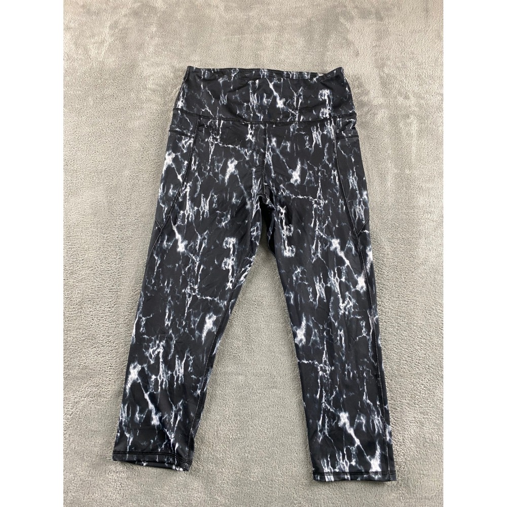 Adrienne Vittadini Sport Womens Black White Marble‎ Print Cropped Leggings Large